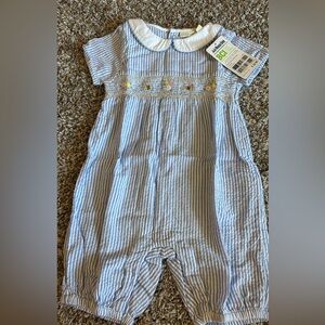 NWT Jojo Maman Bebe Blue & White Seersucker Spring Smocked Baby Girl Romper